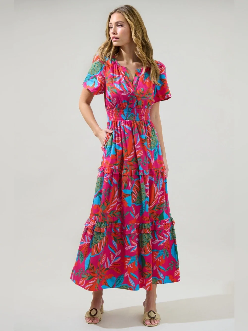 NWT Sugarlips Cactus Blossom Palmer Poplin Tiered Maxi Dress - Picture 2 of 5